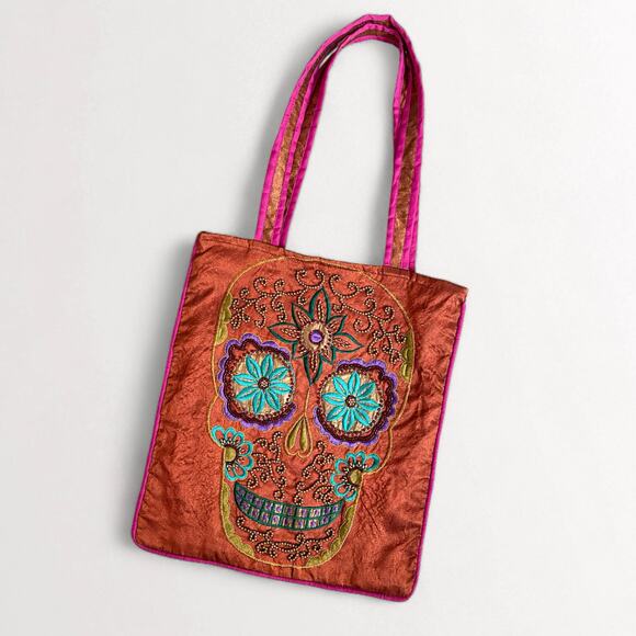 Skull Embroidered Halloween Tote Bag Day Of The Dead Rust Orange Satin Beaded - Picture 3 of 7